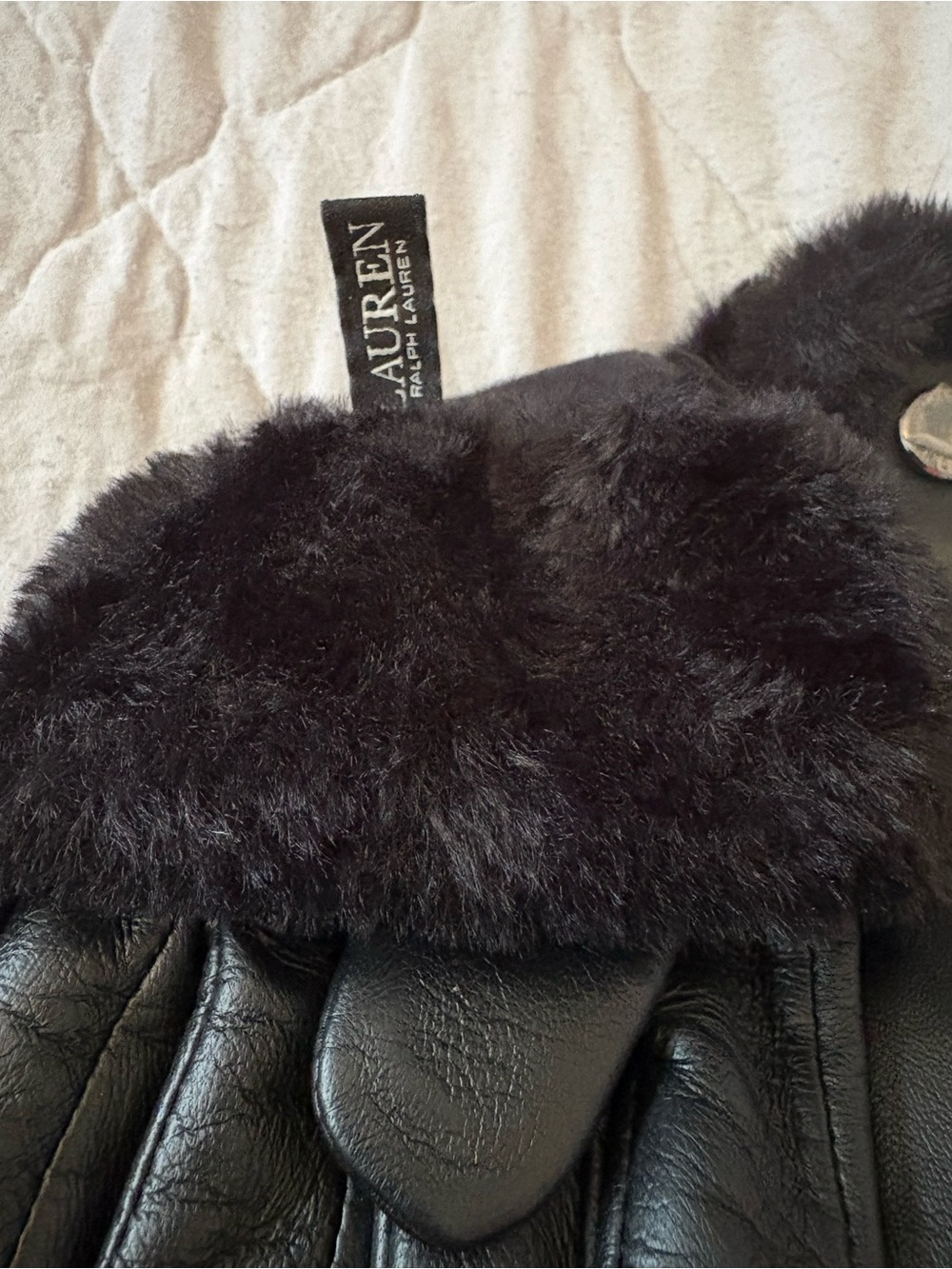 Never worn - Ralph Lauren Black Leather Gloves with Black Fur Trim